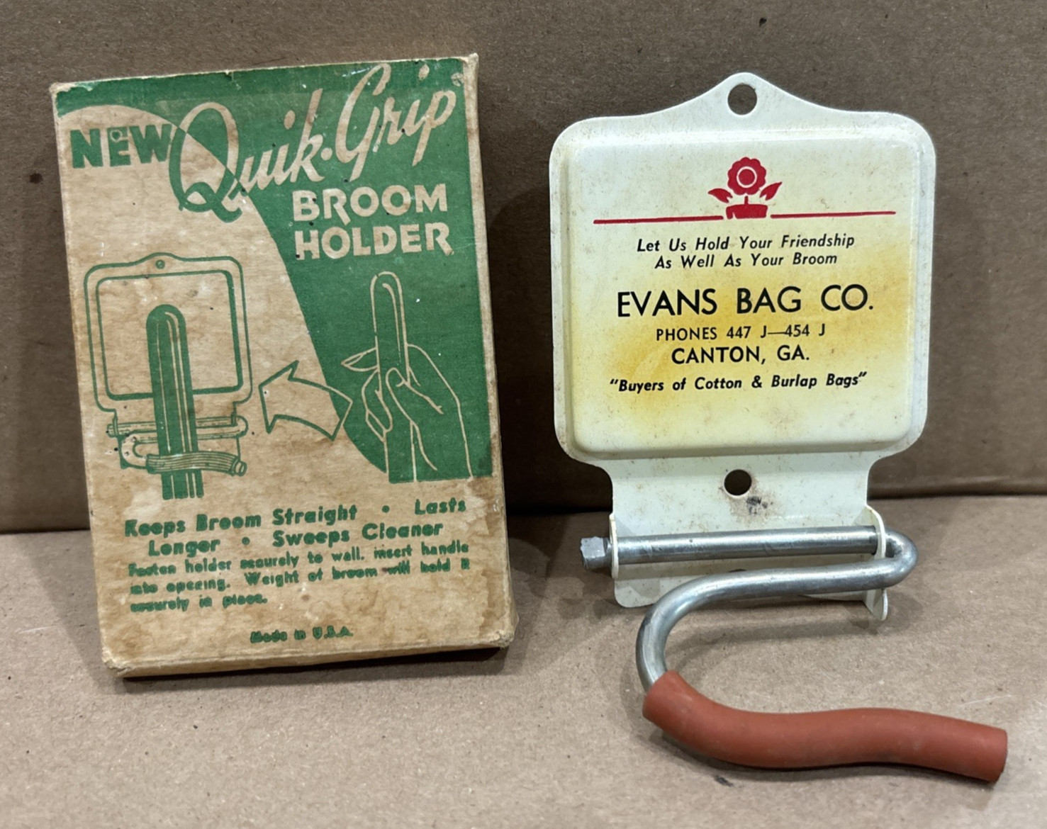 Vtg Metal Advertising Quik-Grip Broom Holder Evans Bag Company NOS Canton Ga
