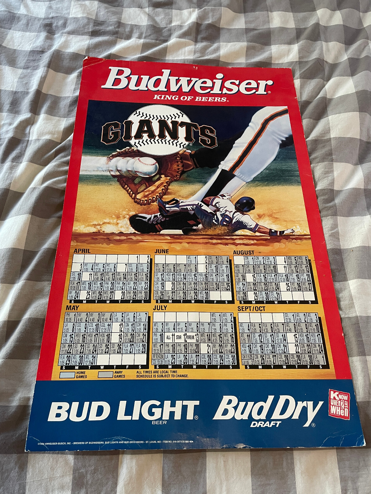 Vintage Budweiser 1994 Giants Schedule Calendar Bud Light – San Francisco 30×18
