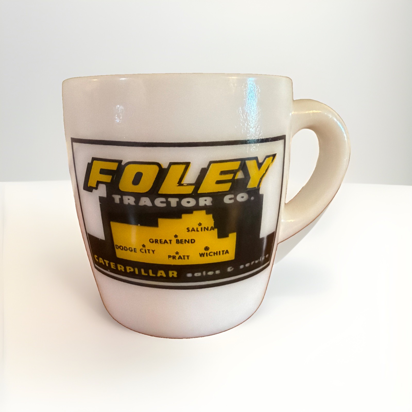 Vintage Caterpillar CAT Foley Tractor Co White Milk Glass Mug Wichita Dodge City