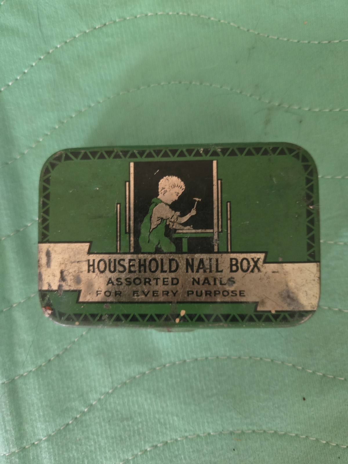 1920s Household Nail Box For Every Purpose Mini Metal Tin Fun Graphics 3.5×2.25″