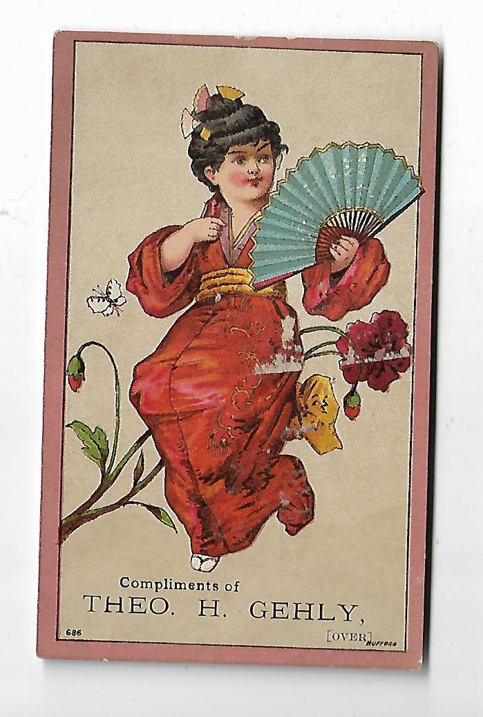 Trade Card Gehly YORK Carpets Window Shades Oil Cloth Looking Glasses GEISHA Fan