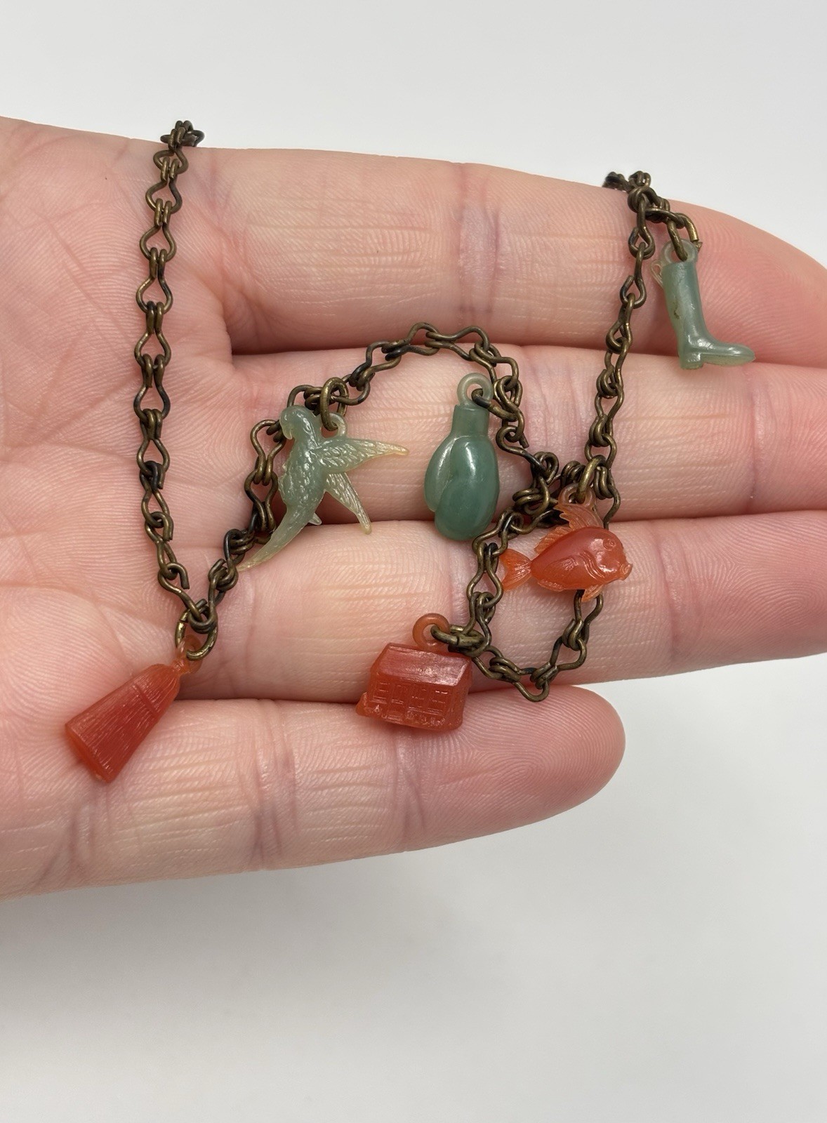 Vintage Miniature Cracker Jack Charm Early Plastic Celluloid Necklace 20/30’s
