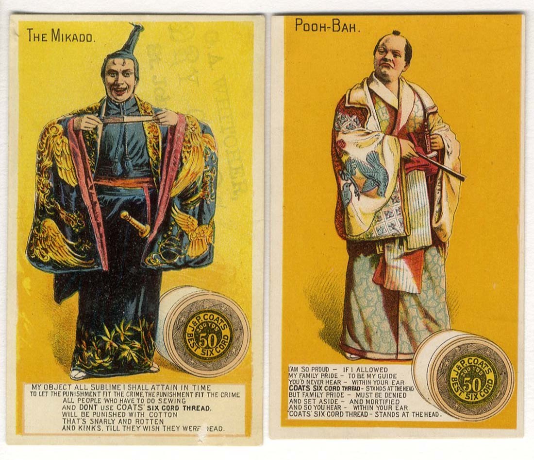 J & P COATS 2 Victorian Trade Cards THREAD Sewing MIKADO Theme POOH BAH 1880’s
