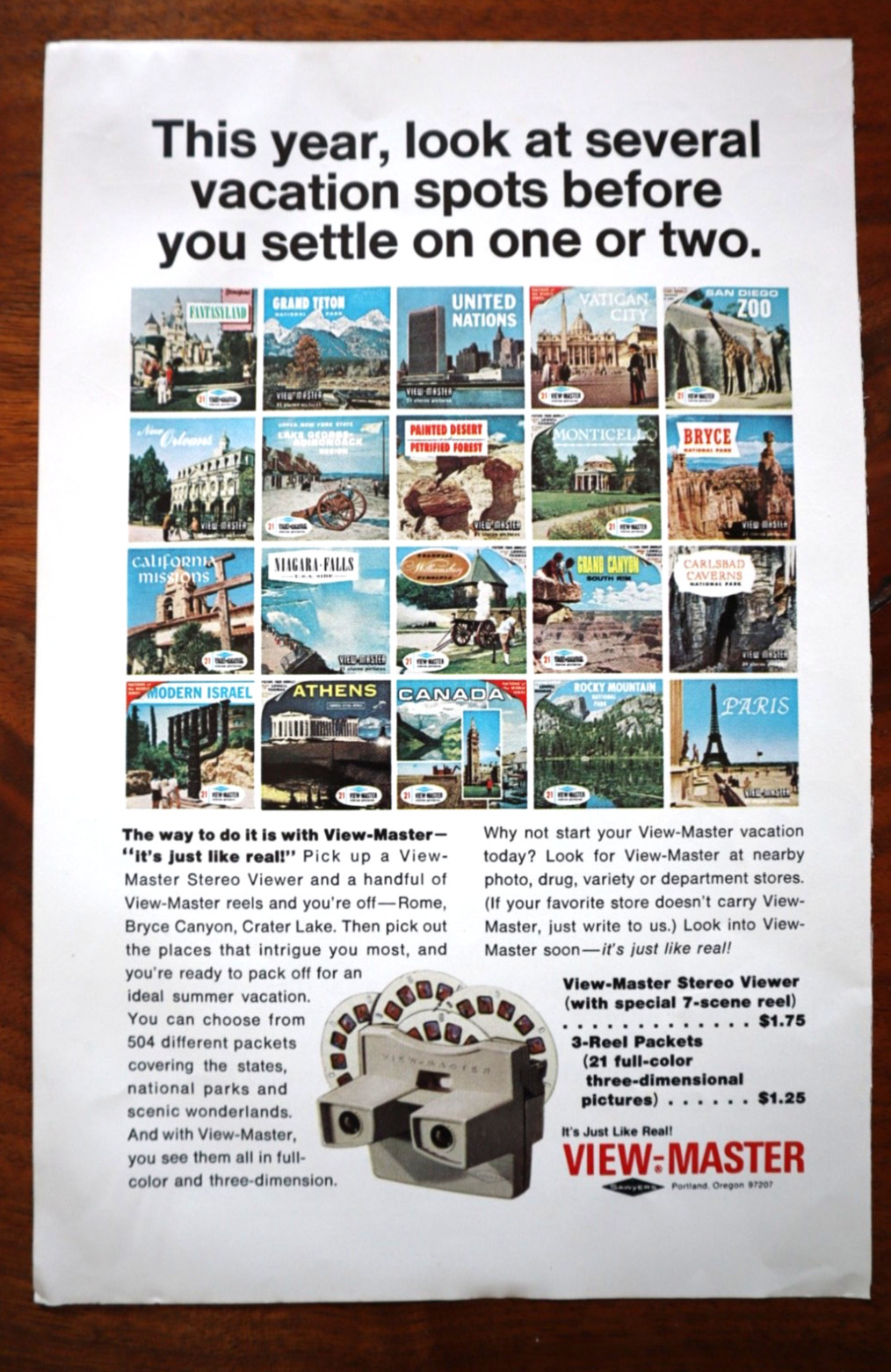 VIEW-MASTER 1966 MAGAZINE ADVERTISEMENT SAWYERS Look at several vacation spots