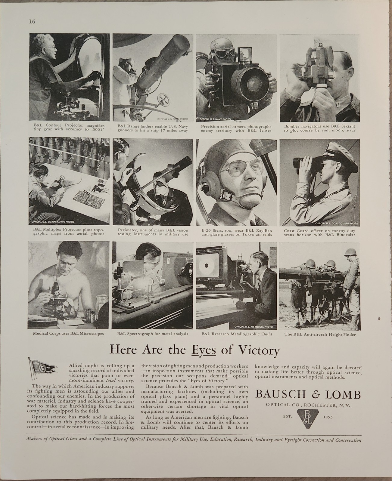 1944 Bausch & Lomb Optical Vintage Ad Here Are the Eyes of Victory