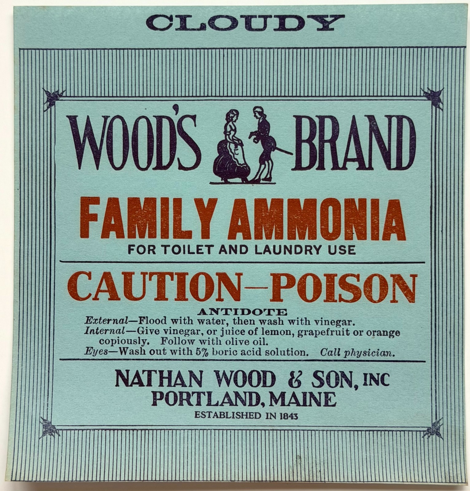 c1900s Woods Brand Family Ammonia Label Unused Portland Maine Caution-Poison J7