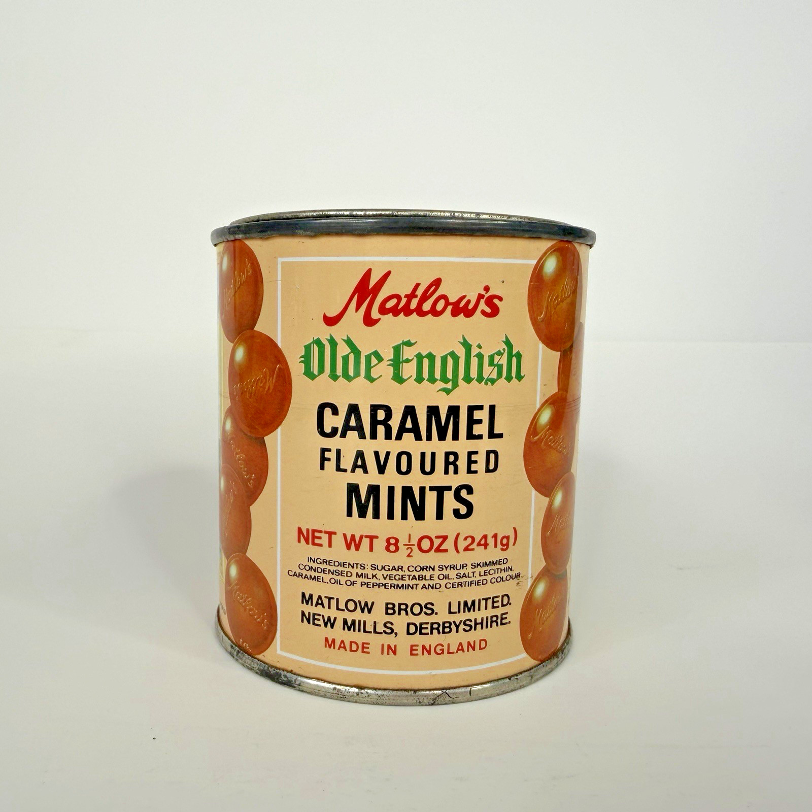 Vtg Matlows Olde English Caramel Flavored Mints Empty 8 1/2 oz Tin Can England