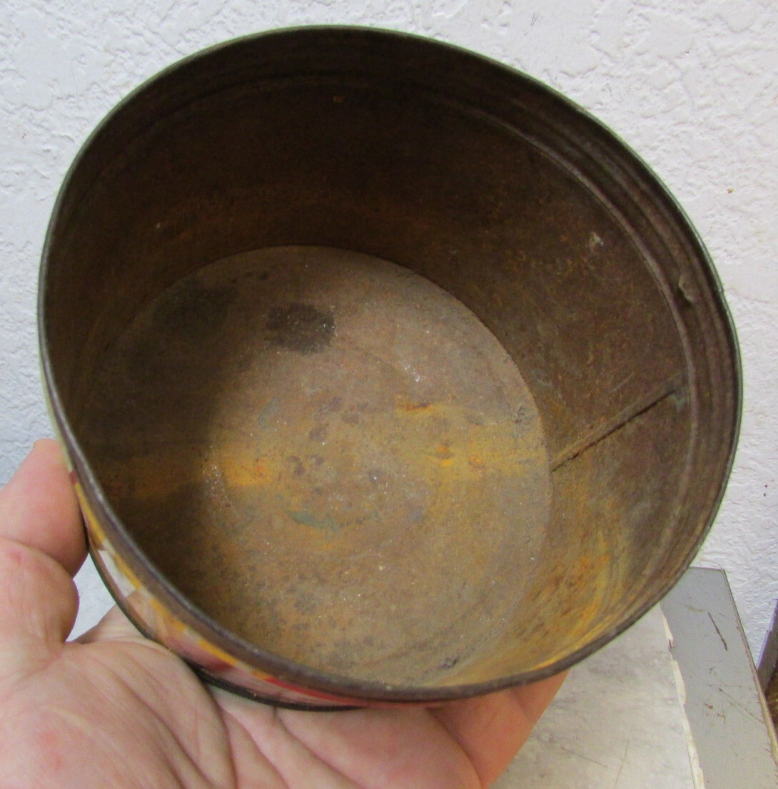 Vintage Much More brand empty coffee tin, cool graphics & colors, no lid, rusty
