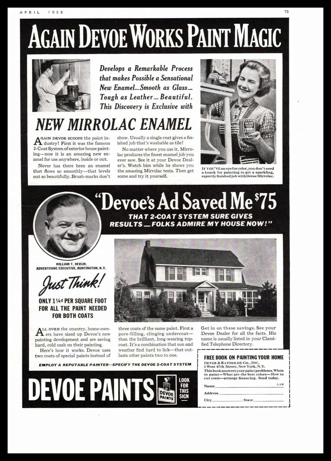1938 Devoe & Reynolds Paints Mirrolac Enamel 2-Coat System Paint Magic Print Ad