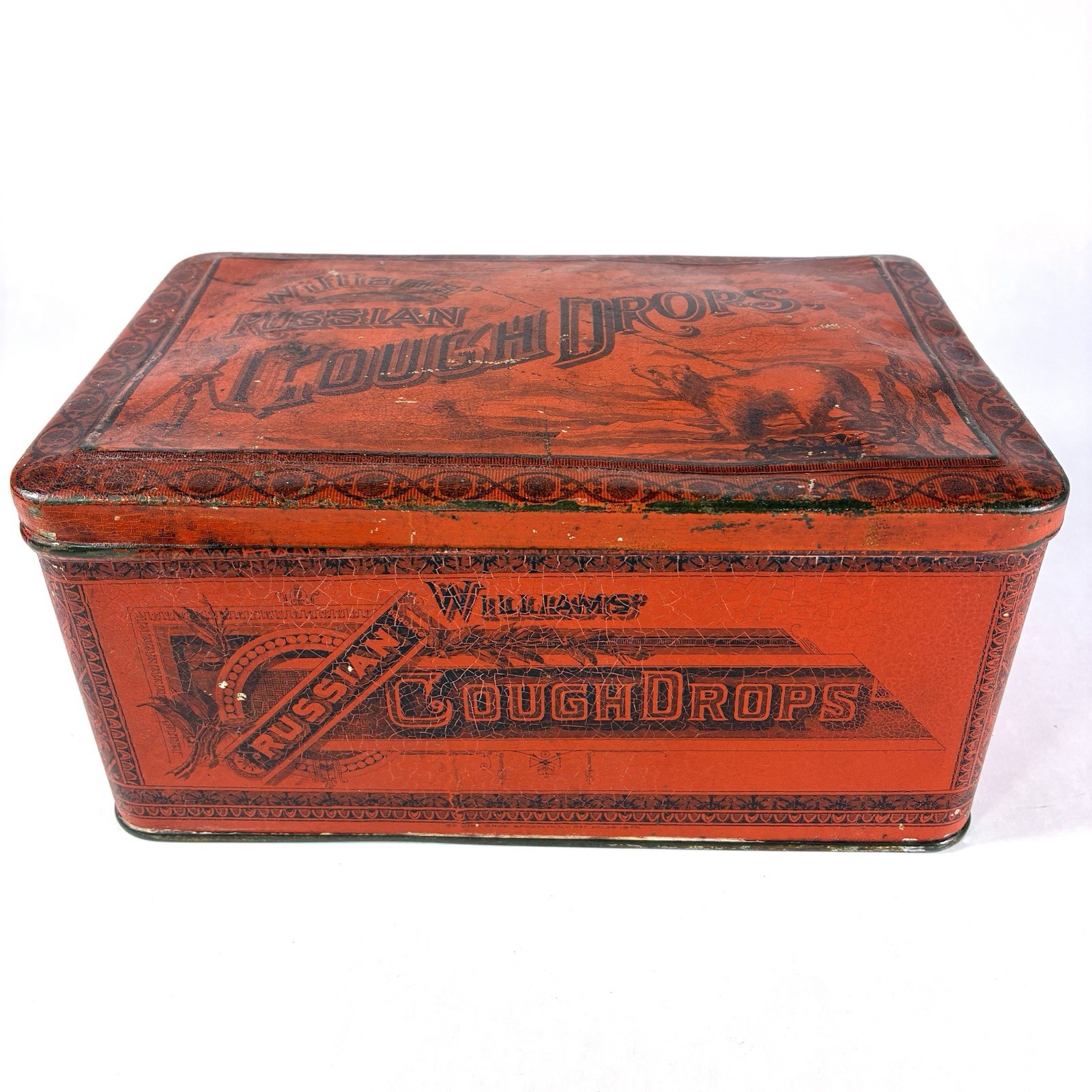 Antique Williams Russian Cough Drops Red Tin Litho Medicine Can Scranton PA Bear