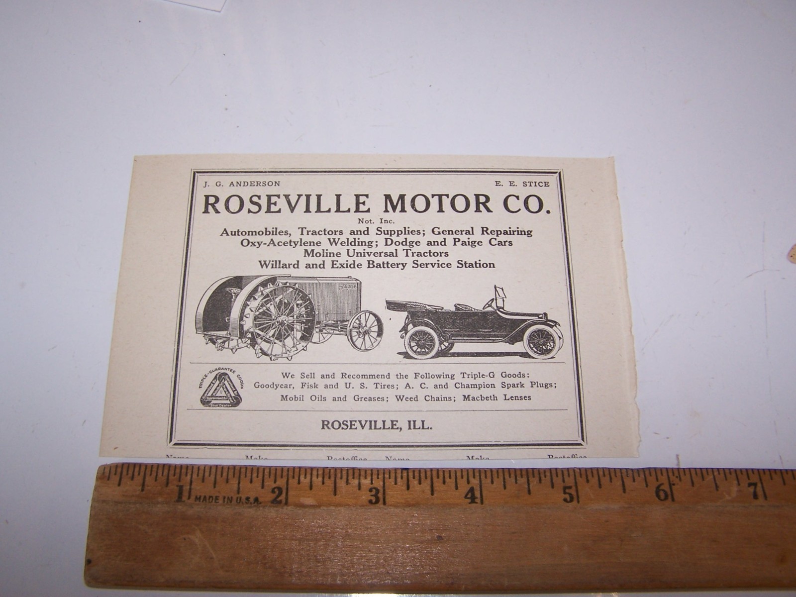 1918 ROSEVILLE MOTOR CO Paper Ad ROSEVILLE ILLINOIS – DODGE PAIGE MOLINE TRACTOR