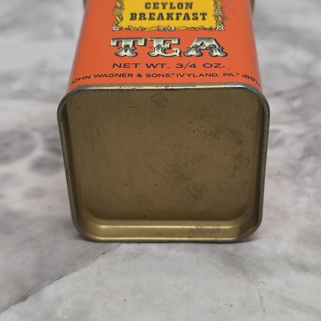 Vintage John Wagner & Sons Rich Mellow Ceylon Breakfast Tea Tin Orange 3/4 Oz