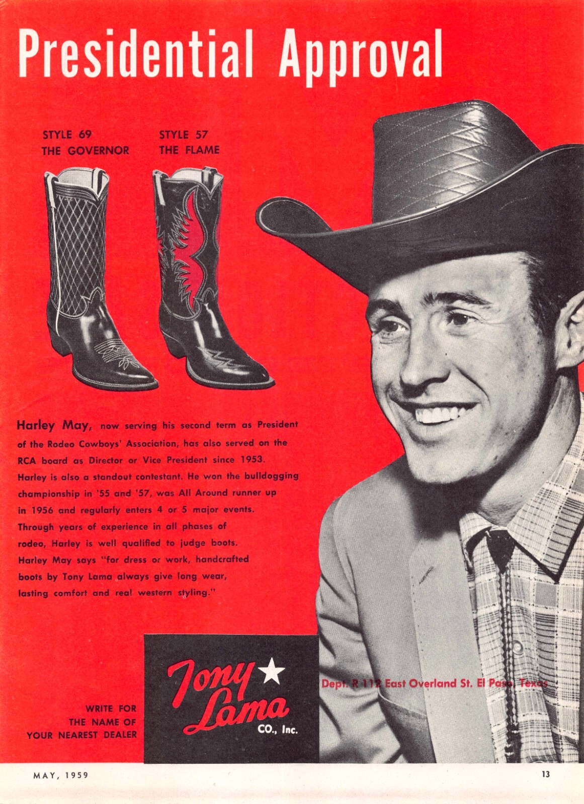 Tony Lama Presidential Governor Flame Leather Cowboy Boots 1959 Vtg Mag Print Ad