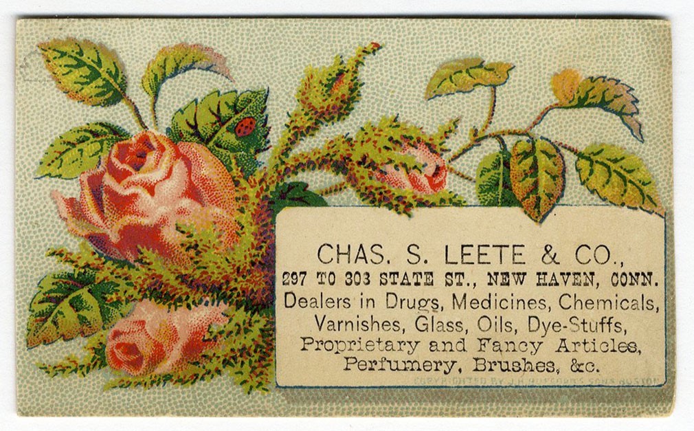 New Have CT DRUG STORE Charles Leete Co VICTORIAN Trade Card 1880’s Pink Roses