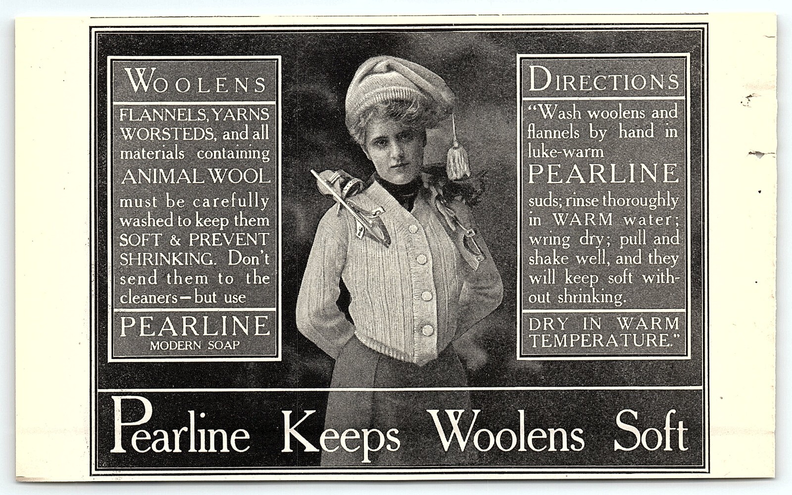 c1910 PEARLINE MODERN SOAP KEEPS WOOLENS SOFT WASHING DETERGENT PRINT AD Z3554