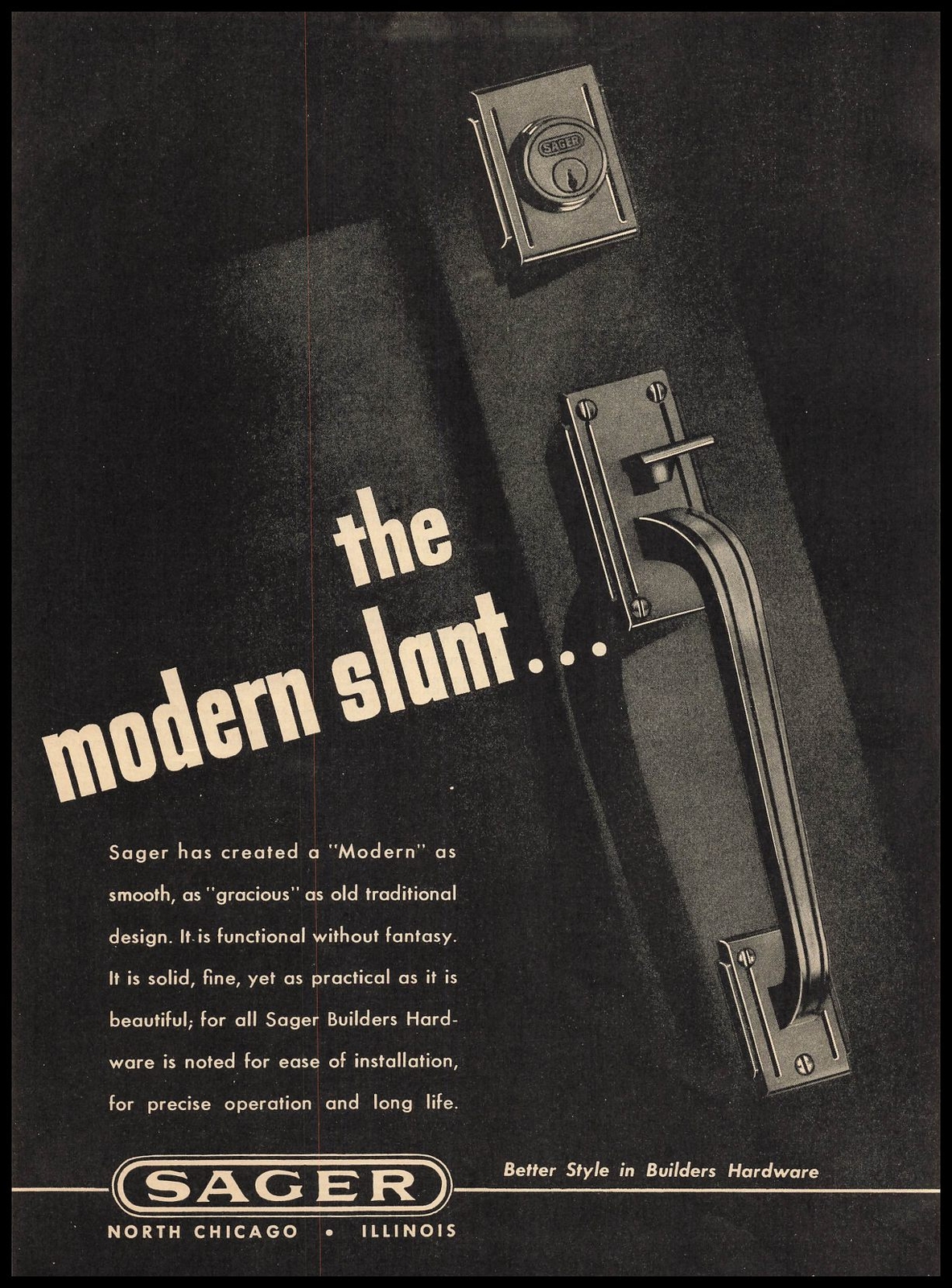 1947 Sager North Chicago Illinois “Modern Slant” Door Hardware Vintage Print Ad
