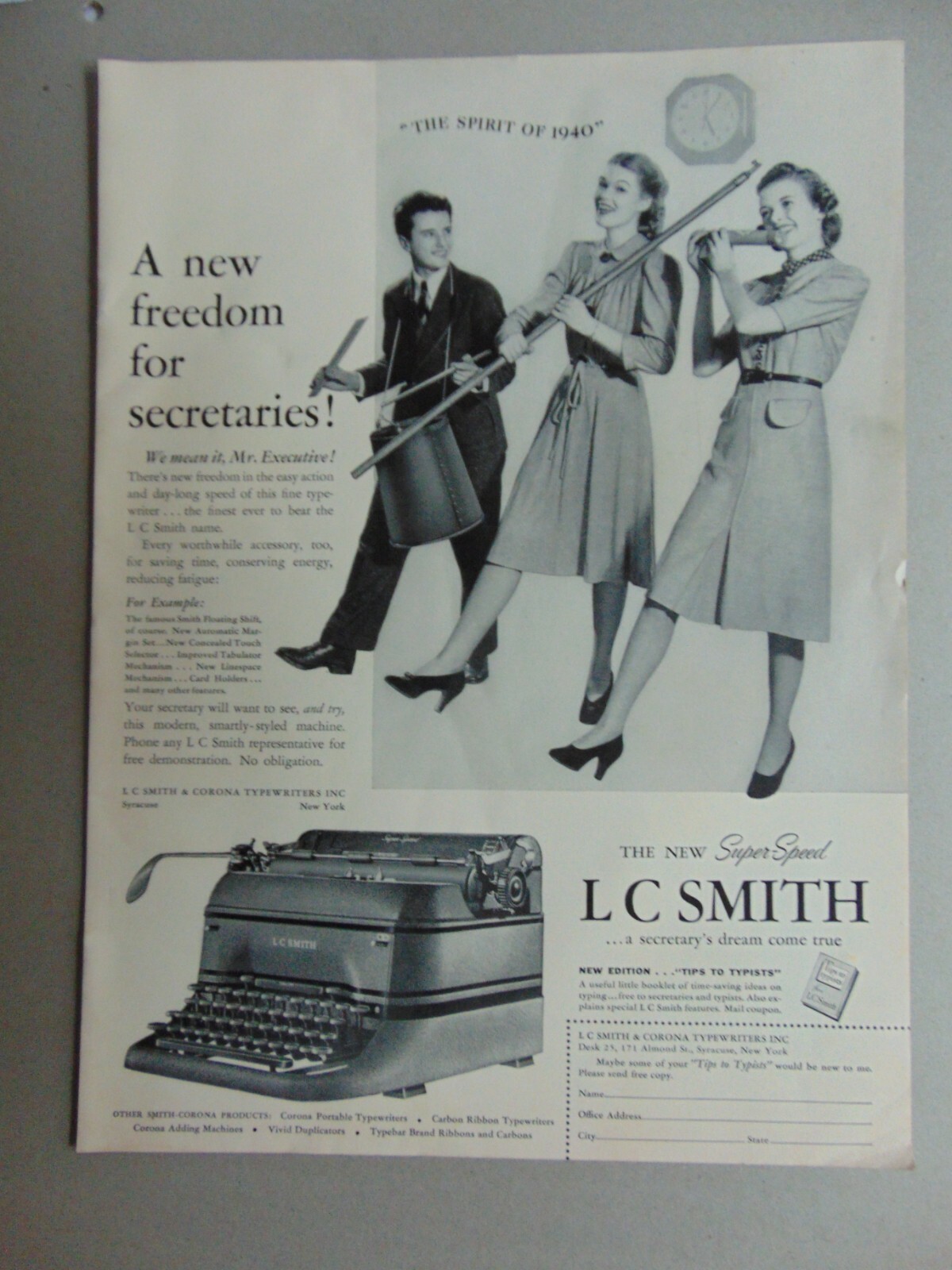 1940 L C SMITH Super-Speed Typewriter vintage art print ad