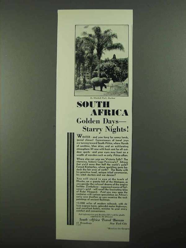 1931 South Africa Tourism Ad, Golden Days Starry Nights