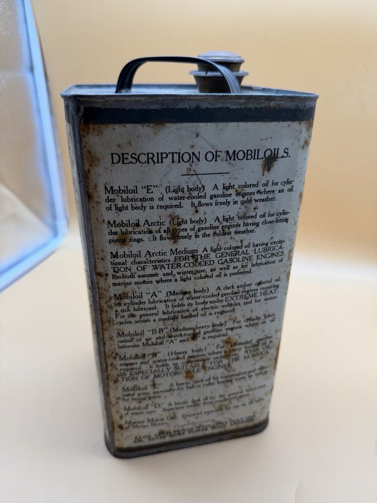 Vintage Early Square Mobiloil Gargoyle A Med. Motor Oil Can Gas Mobil sign