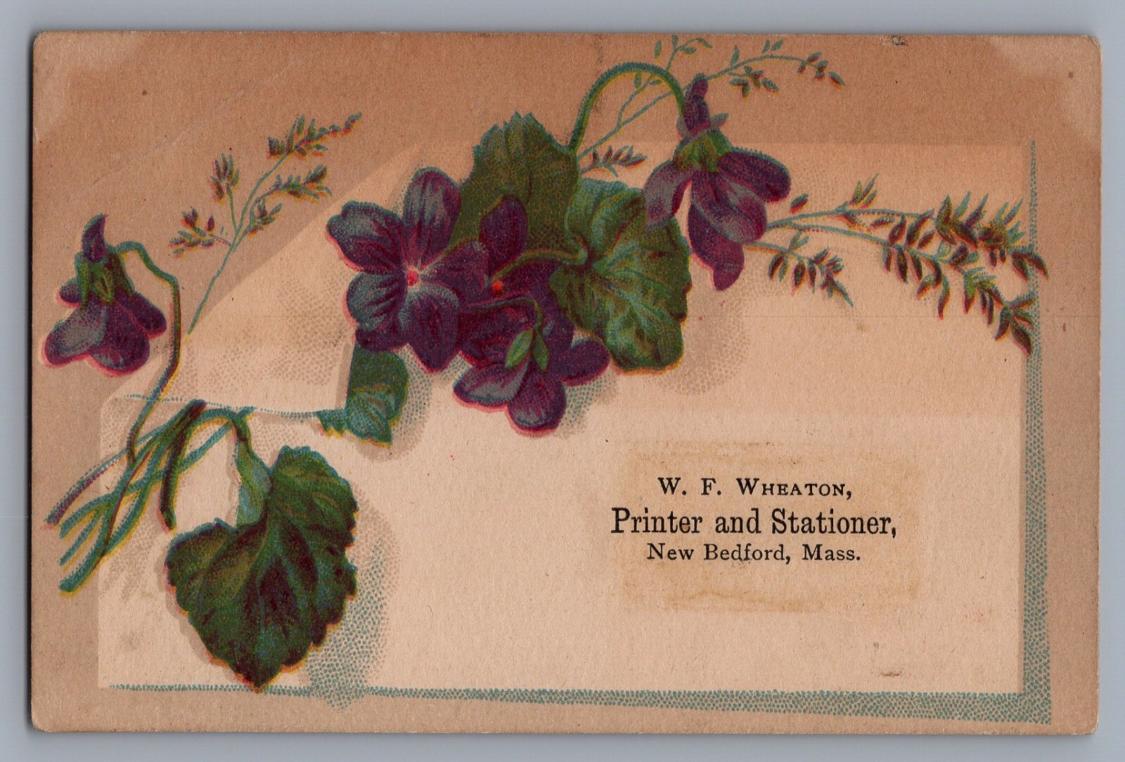 1800s Victorian Trade Card New Bedford, Massachusetts W.F. Wheaton Printer