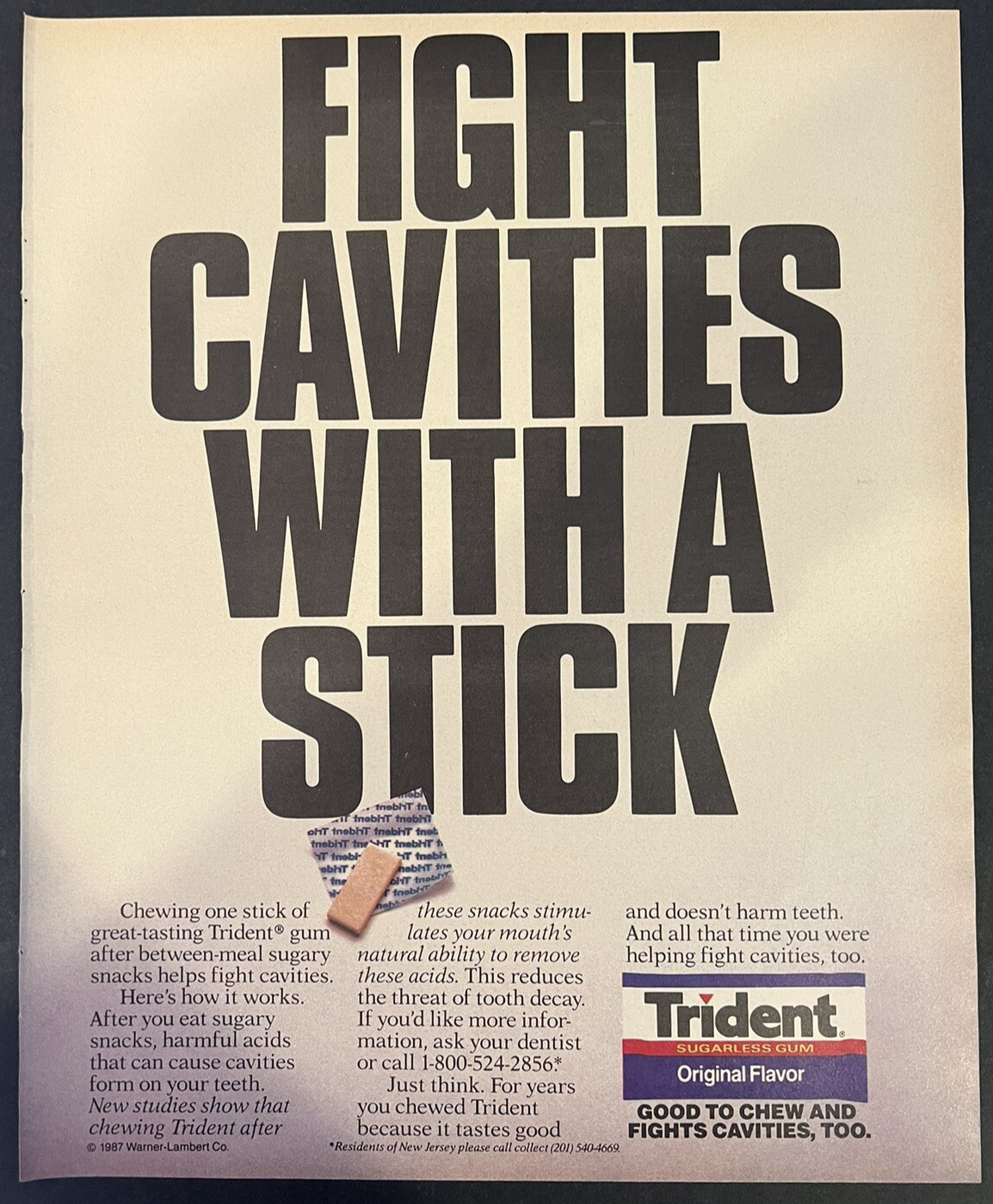 Vtg 1980s AD, Trident Original Flavor Sugarless Gum, Warner-Lambert Co.