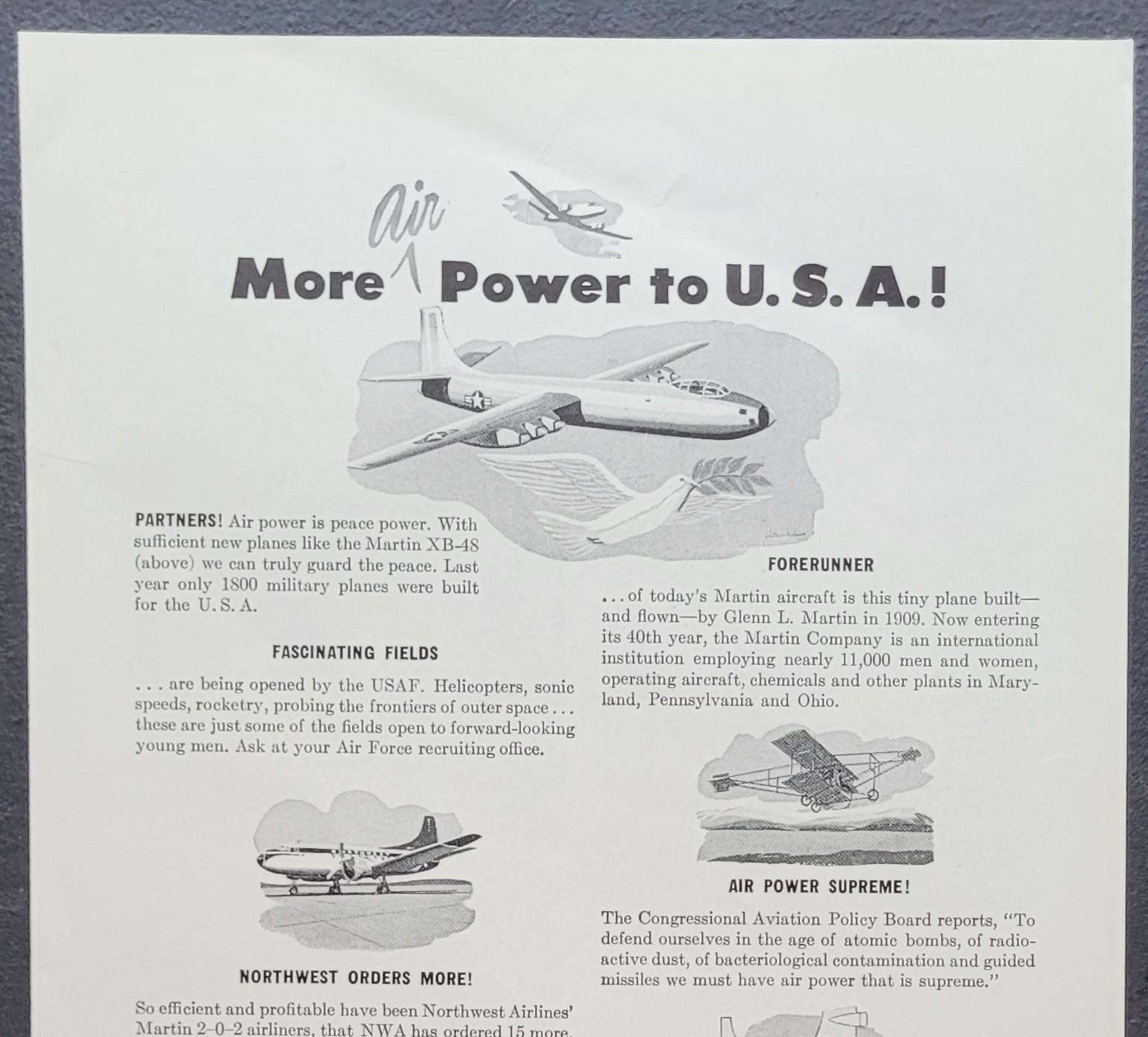1948 Martin Aircraft More POWER to the USA! Vintage Print Ad Post War WW2 a158