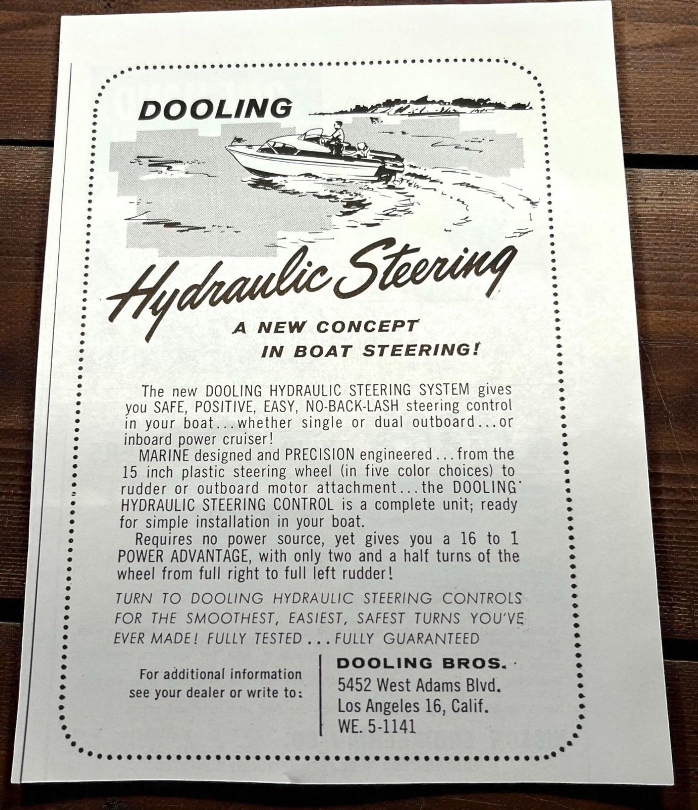 Dooling Bros Vintage Print Ad 1950s Hydraulic Boat Steering Nautical Los Angeles