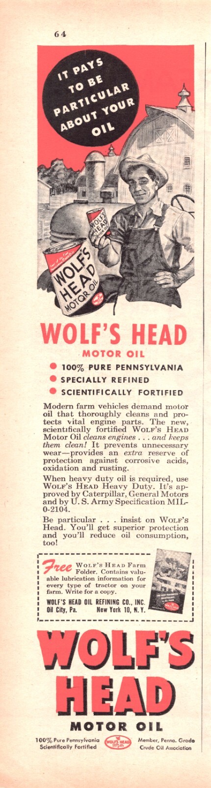 Wolf’s Head Motor Oil City PA Scientifically Fortified Vtg Magazine Print Ad