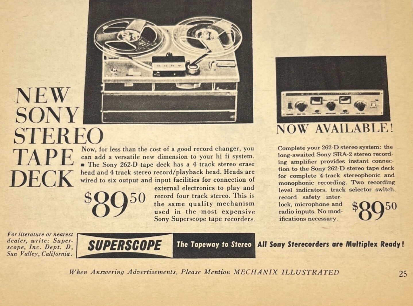 Sony Superscope 262-D Vintage Print Ad 1960s Stereo Tape Deck Amplifier