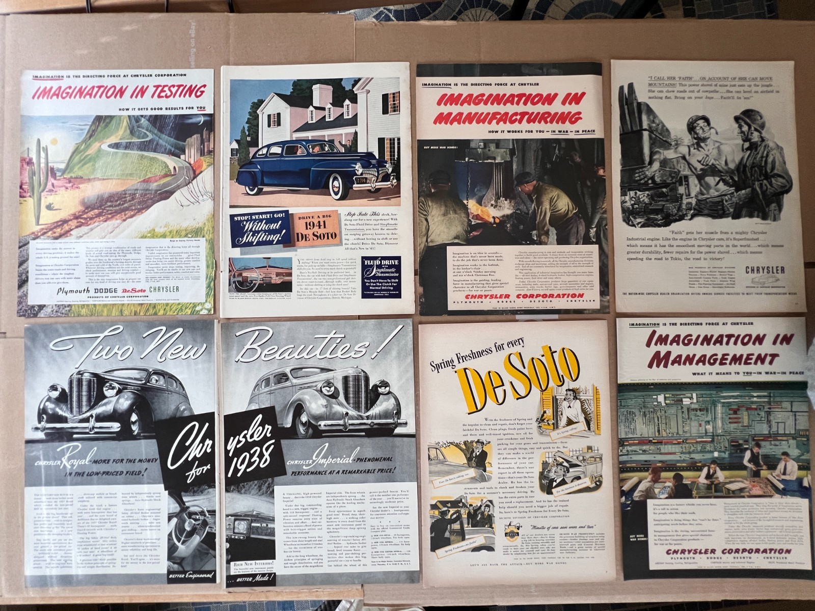 13 Print Ads CHRYSLER PLYMOUTH DODGE DeSoto Lot WWII Homefront 1937-1944