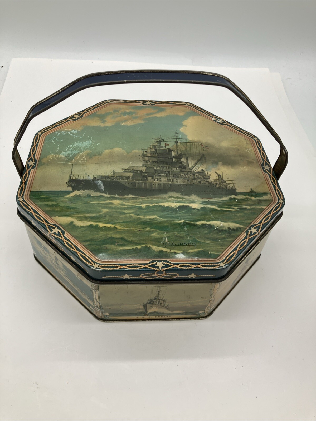 Vintage Loose-Willes Battleship Octagon Biscuit Tin WWII US Navy War Ships
