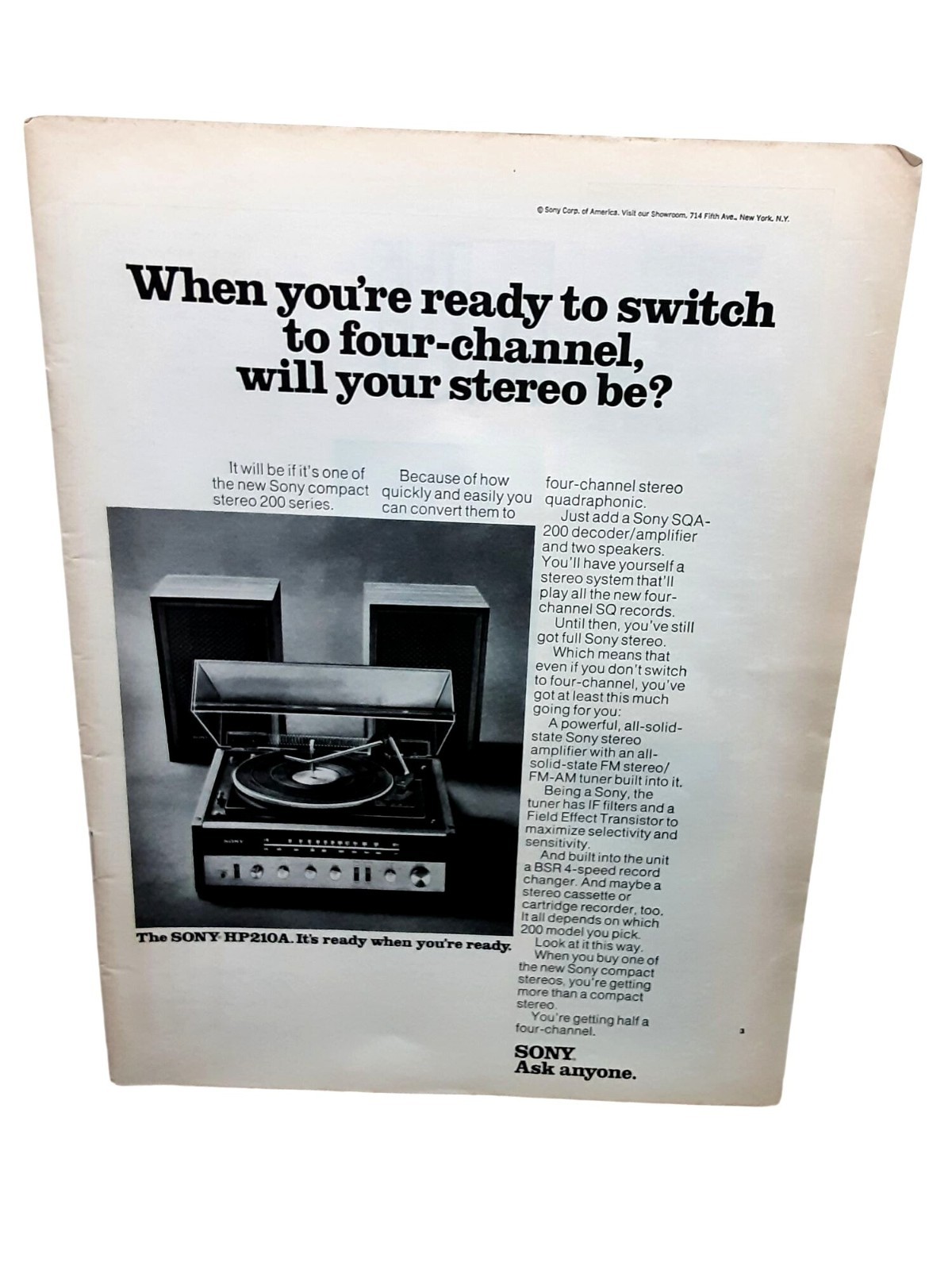 1972 Sony HP-210A Turntable Stereo Quadraphonic 4-Channel Ad