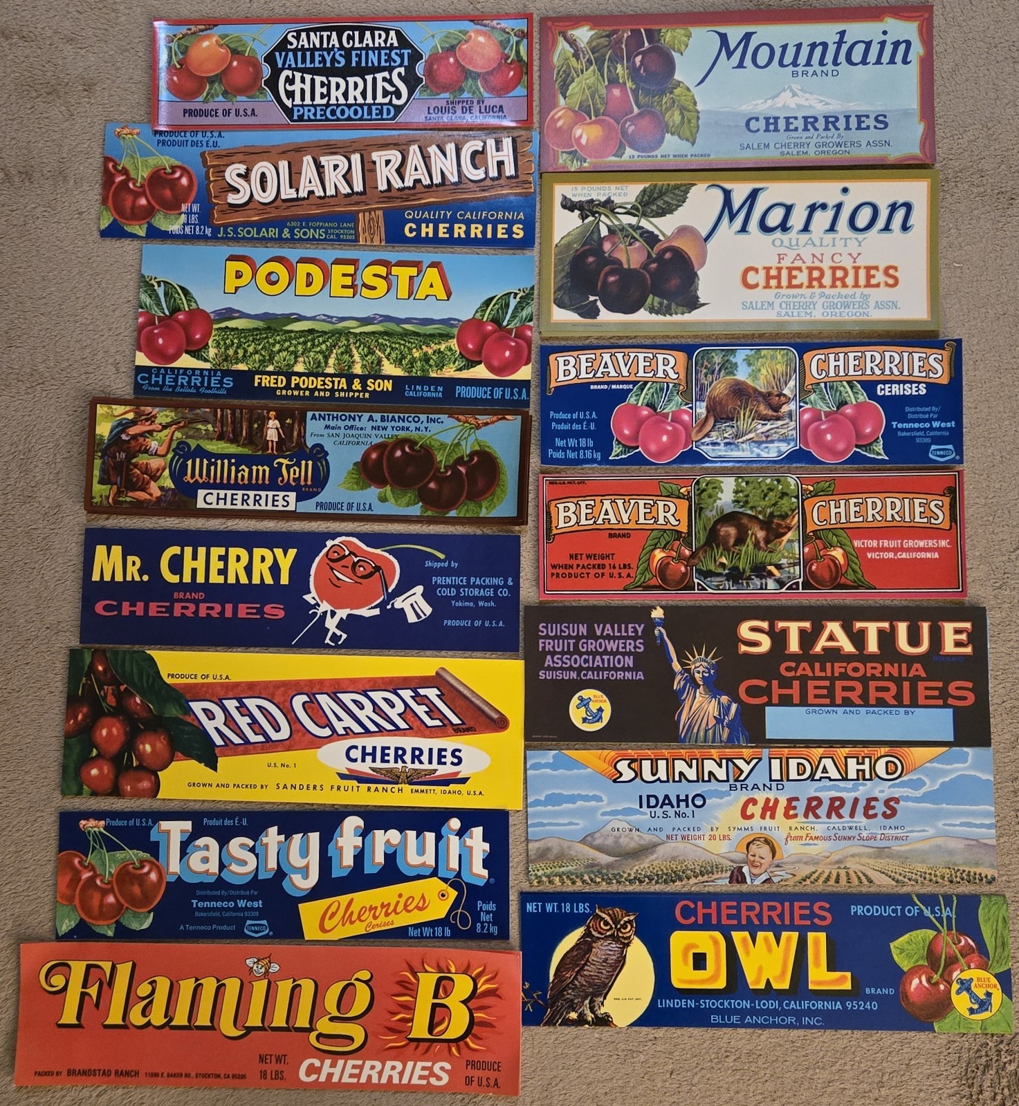 Collection of 15 Different Cherry Box Labels **ORIGINAL FRUIT CRATE LABELS**
