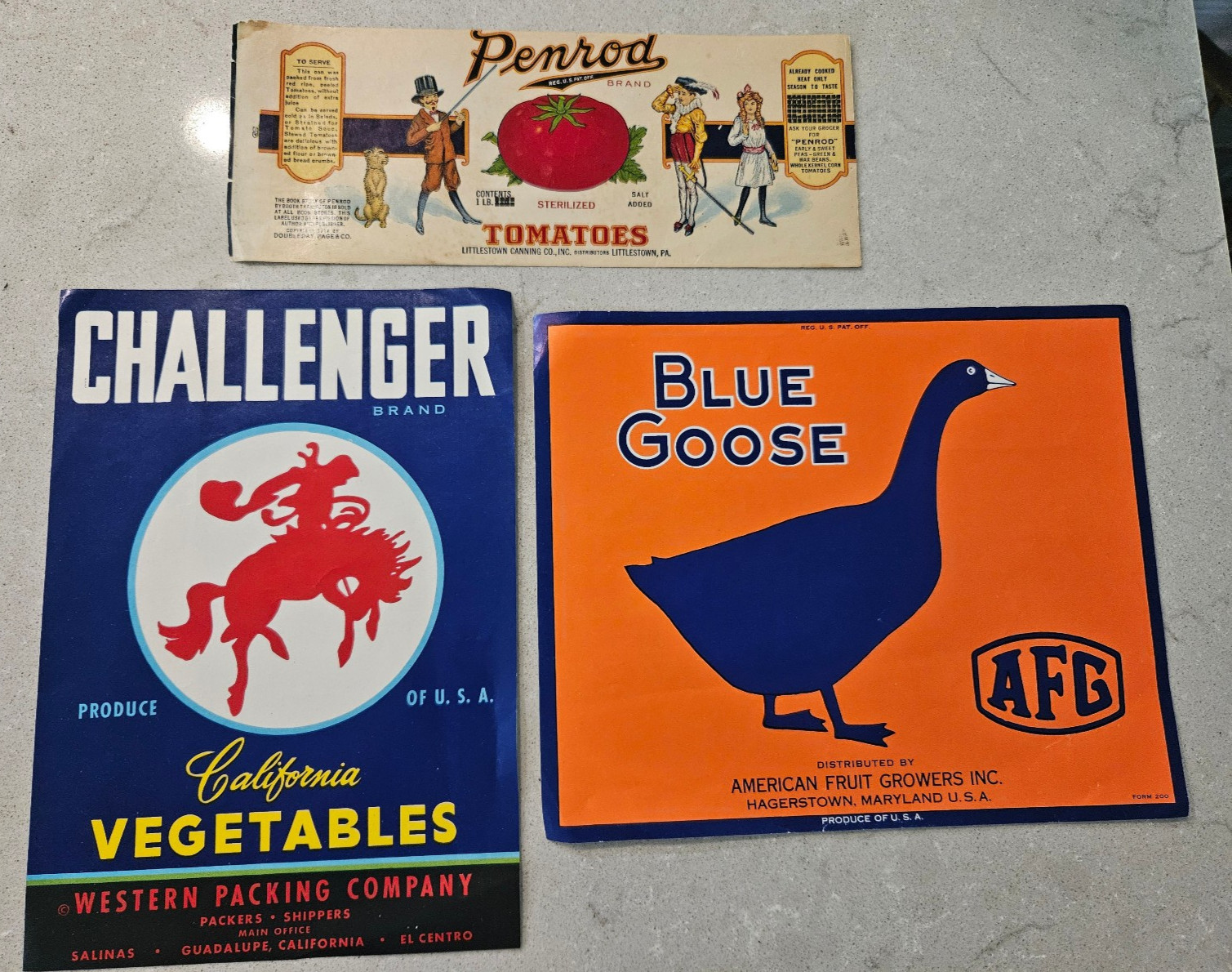 5 Vintage Fruit Crate Labels Blue Goose Maltese Cross Pears Challenger Penrod