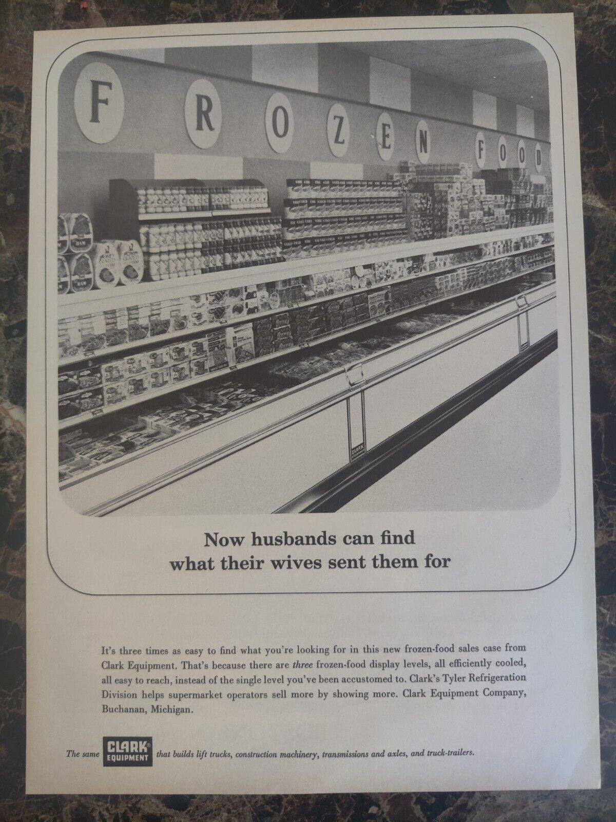 Clark Equipment Frozen Food Case Tyler Refrigeration 1964 Vintage Print Ad