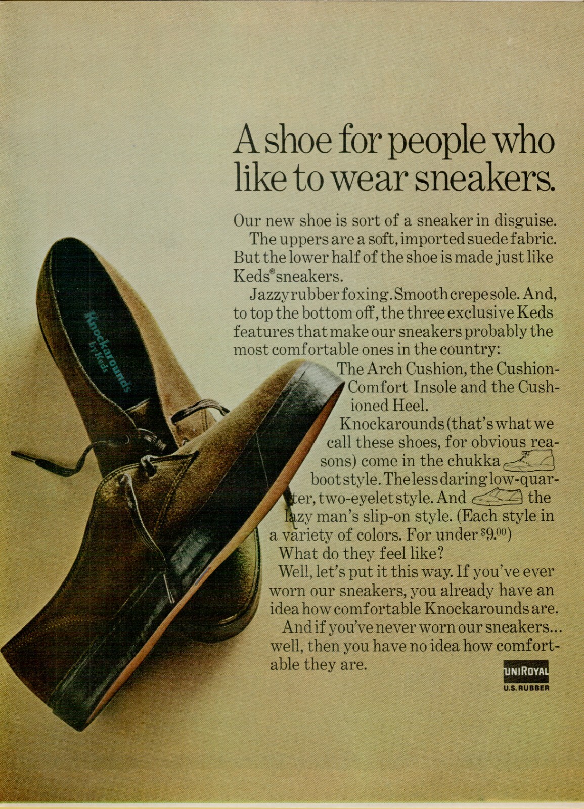 1967 UniRoyal US Rubber Knockarounds Keds Sneaker Bottom Shoe VINTAGE PRINT AD