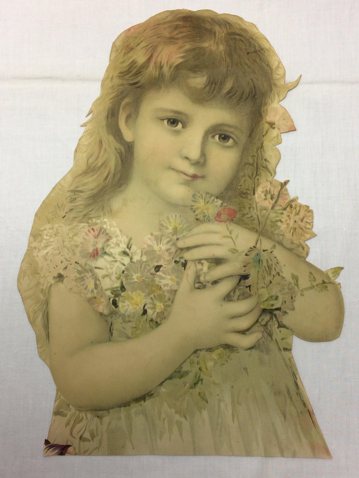 Vintage Large Trade Card Little Girl Flowers Scrapbooking 9 1/4″ x 12 5/8″
