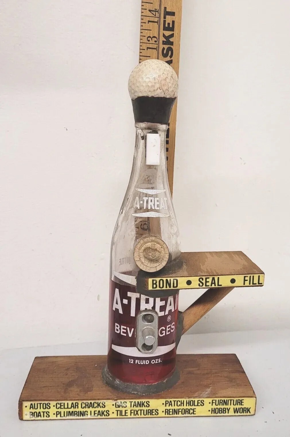 Old EPOXY HARDWARE STORE DISPLAY A-TREAT GLUE BOND ADVERTISING BEVERAGE BOTTLE