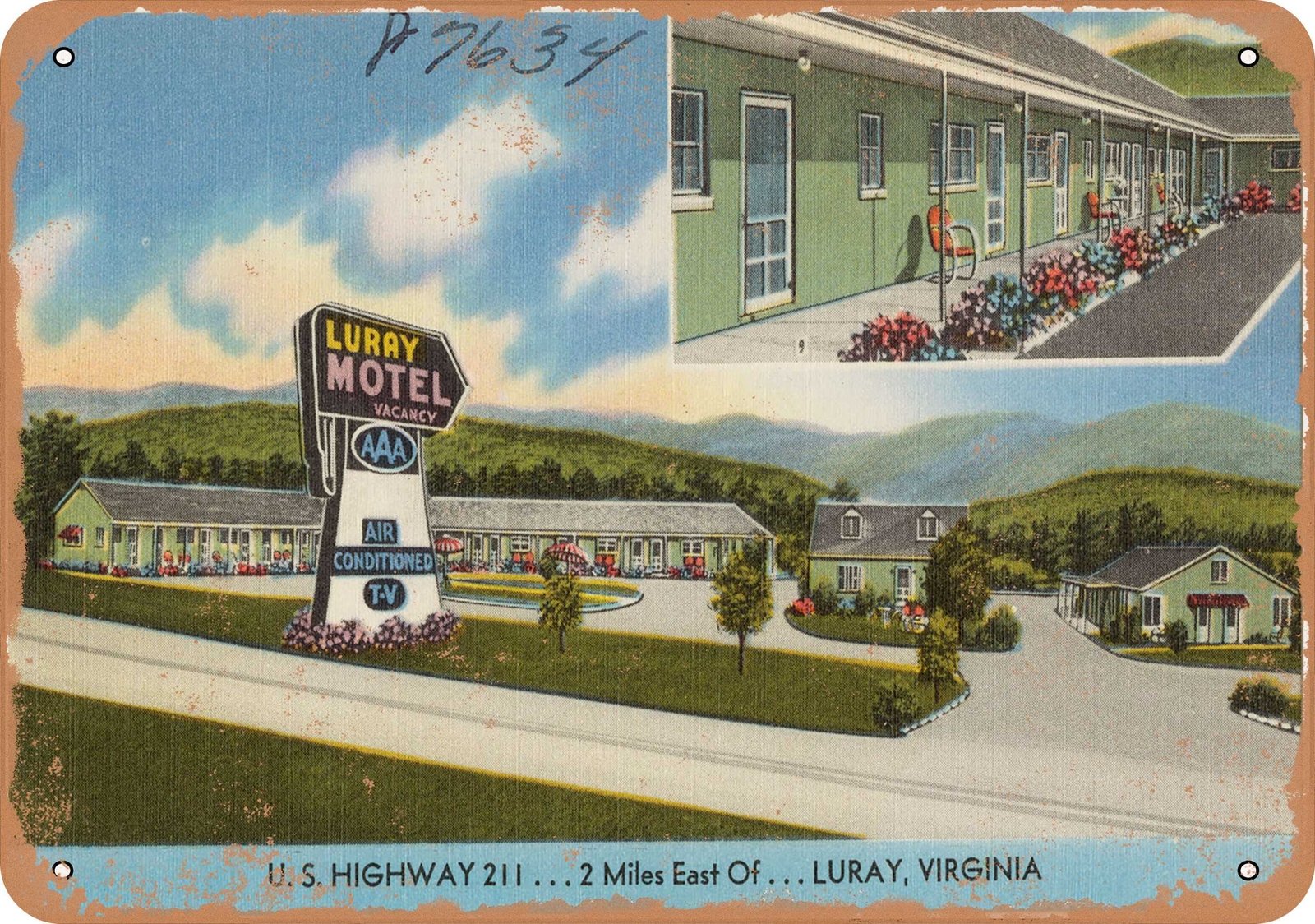 METAL SIGN – Virginia Postcard – Luray Motel, U.S. Highway 211. . . 2 miles eas
