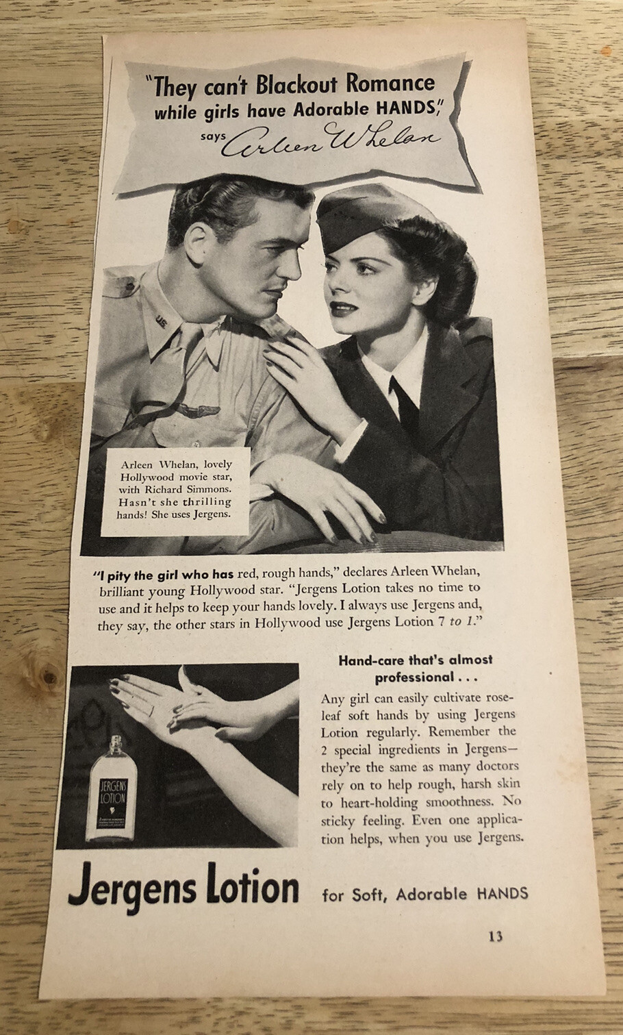 1942 ARLEEN WHALEN, RICHARD SIMMONS for JERGENS LOTION – Vintage Magazine Ad