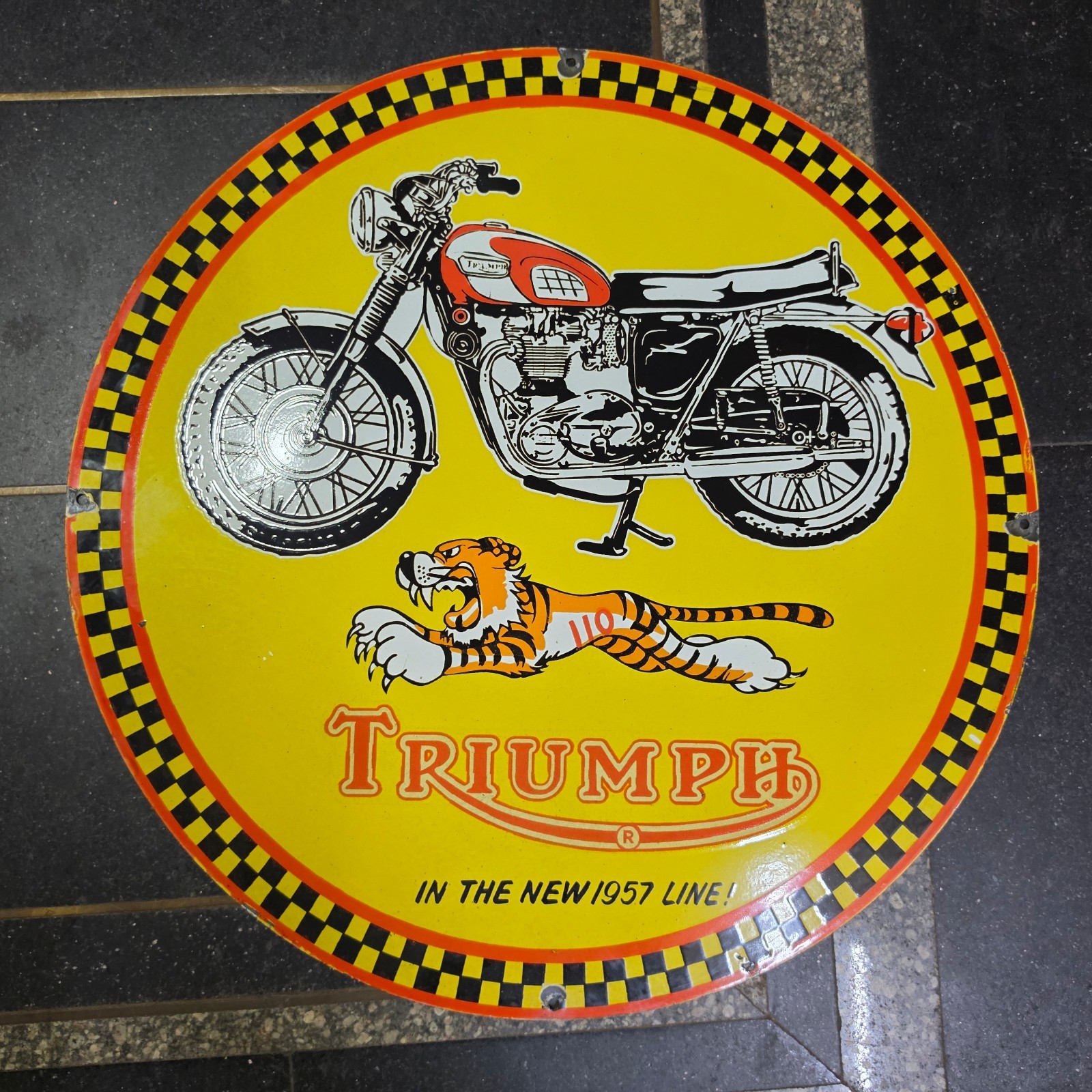 TRIUMPH MOTORCYCLE PORCELAIN ENAMEL SIGN 29 X 29 INCHES