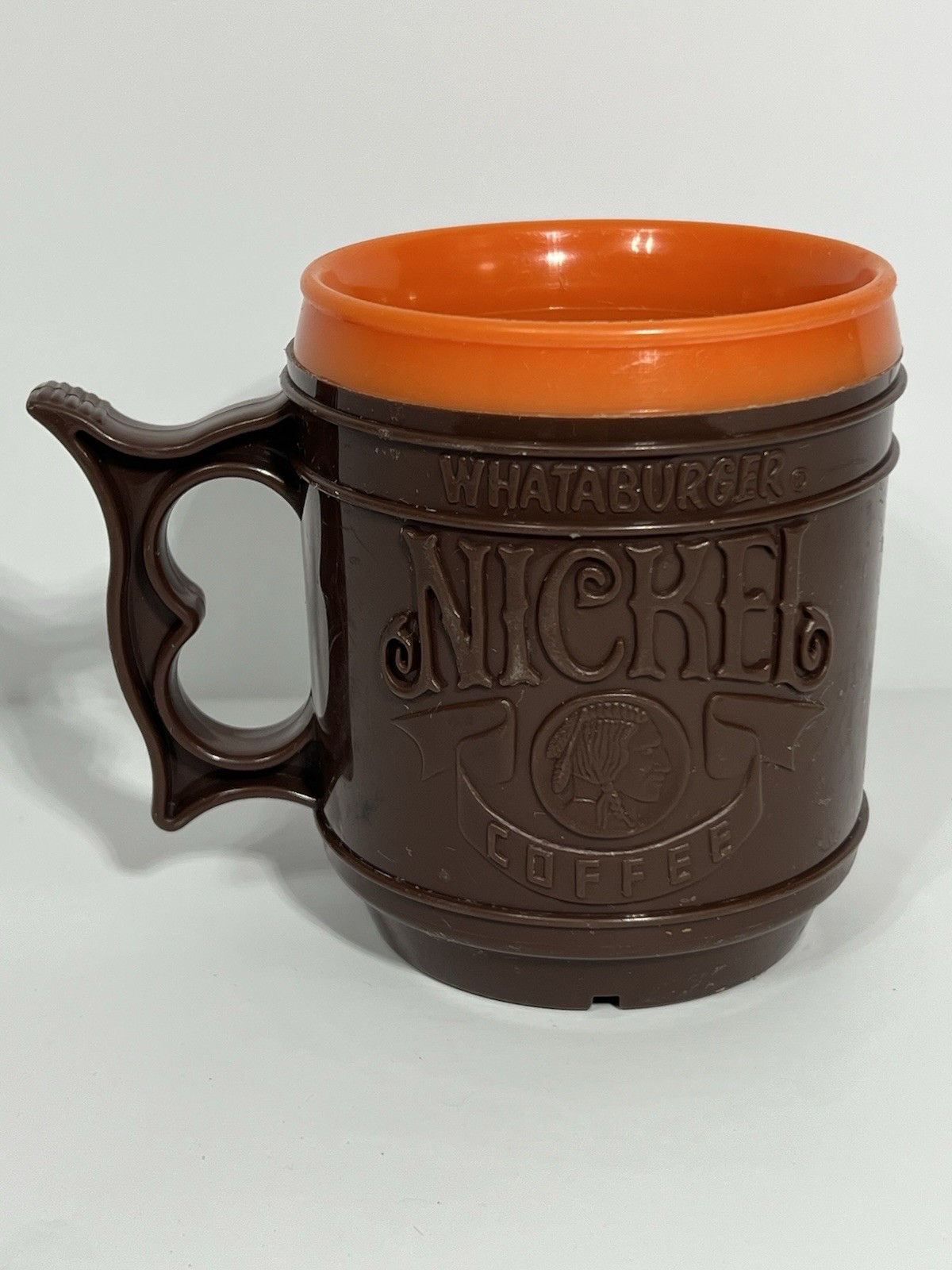 Whataburger Nickel Coffee Plastic Mug Cup Brown & Orange