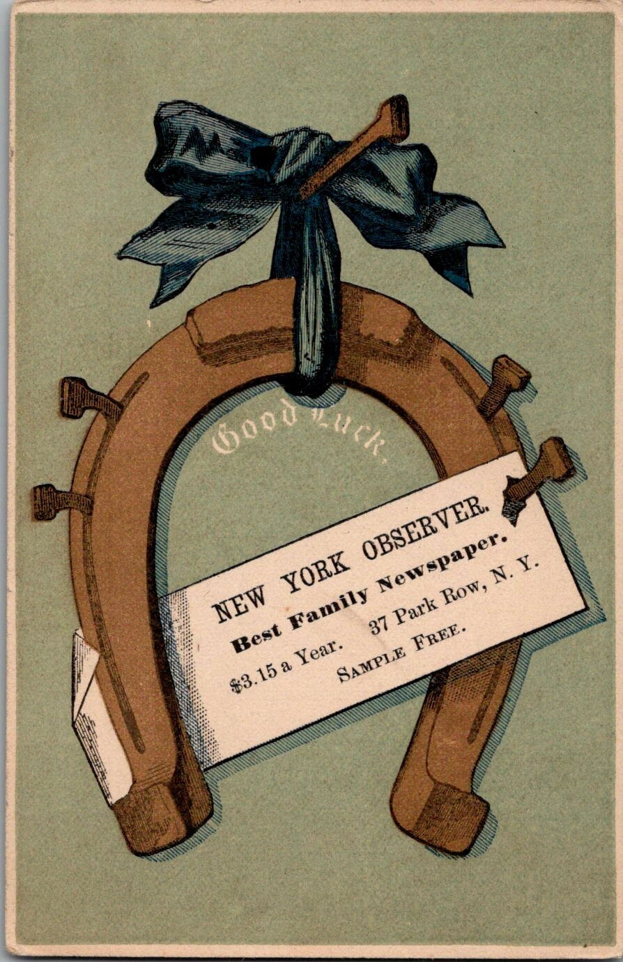 New York Observer Good Luck Horseshoe 37 Park Row NYC NY Victorian Trade Card
