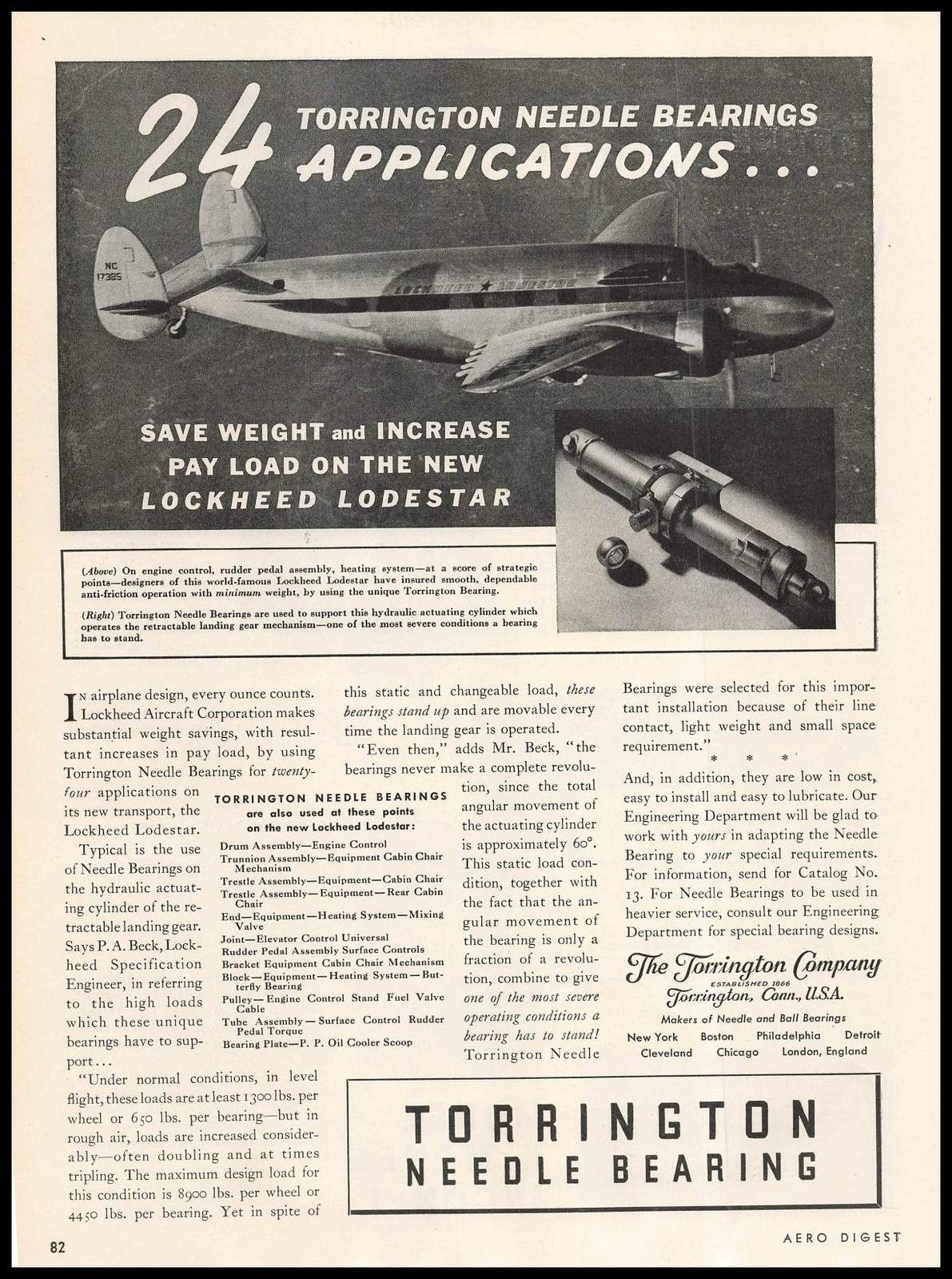 1940 The Torrington Co. Connecticut Aircraft Needle Bearings Vintage Print Ad