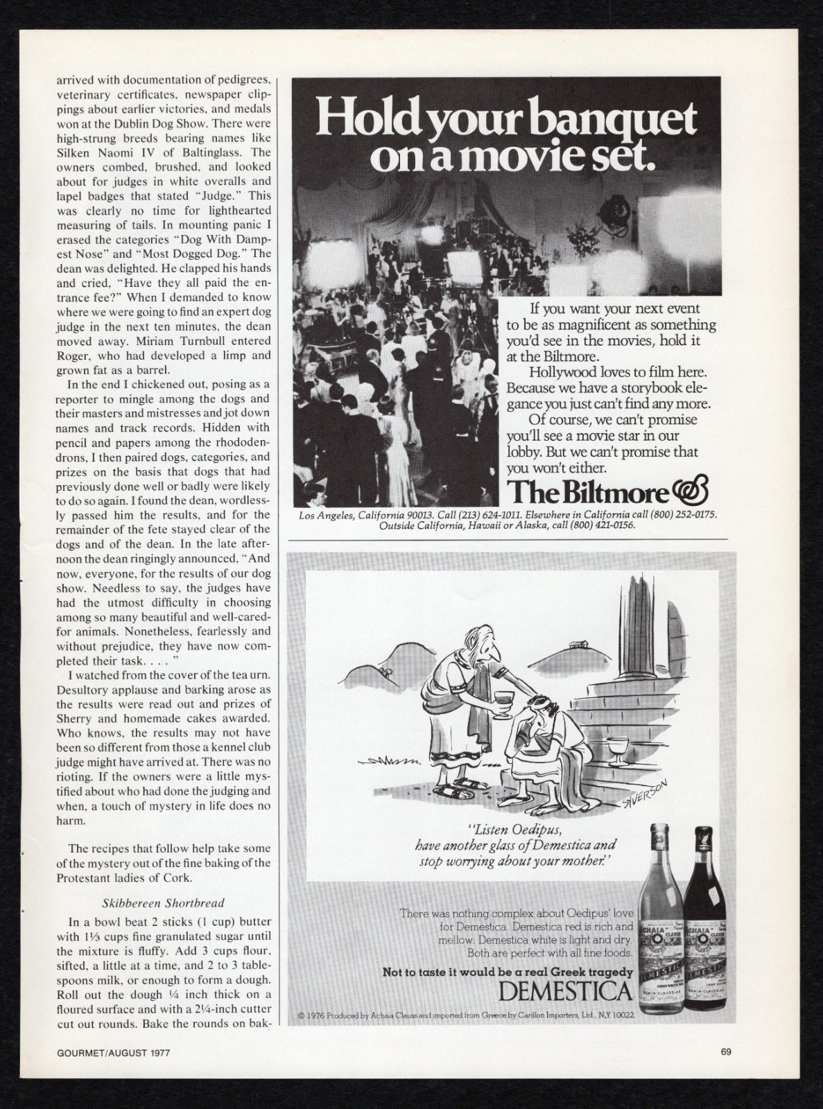1977 Demestica White Red Wine Oedipus/ Builtmore Banquet Movie Star Set Print Ad