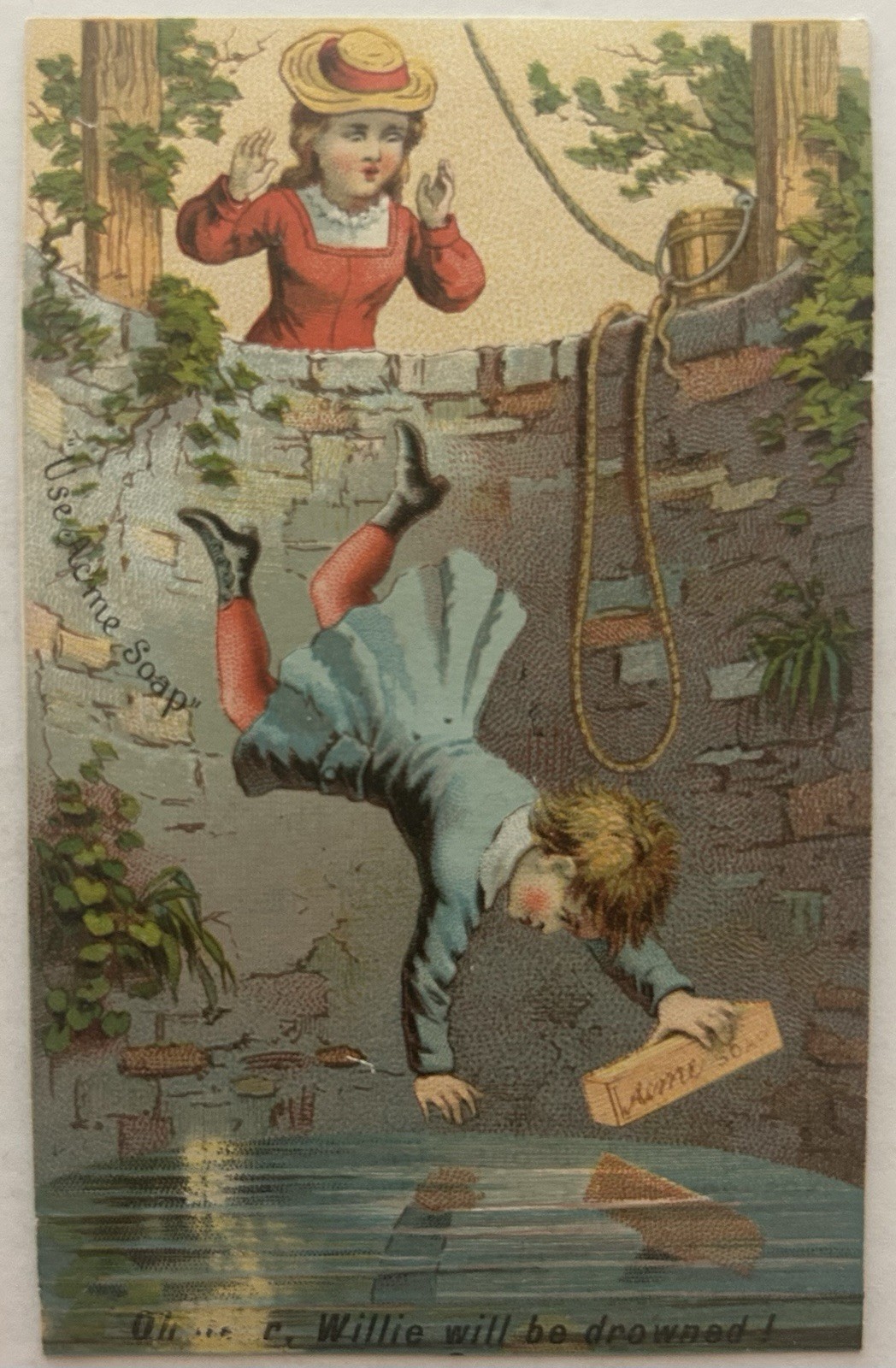 Antique Acme Soap Trade Card Boy Falling Down a Well Buffalo NY Advertising
