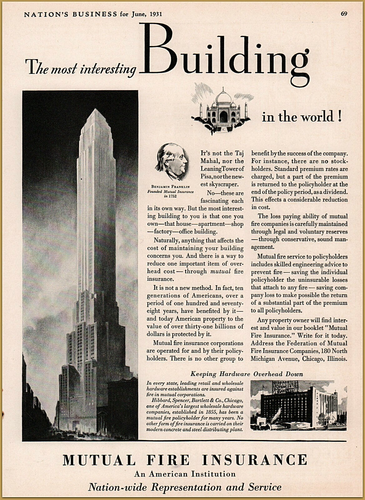 1931 Mutual Fire Insurance Co Deco Hibbard Spencer Bartlett Building Print Ad