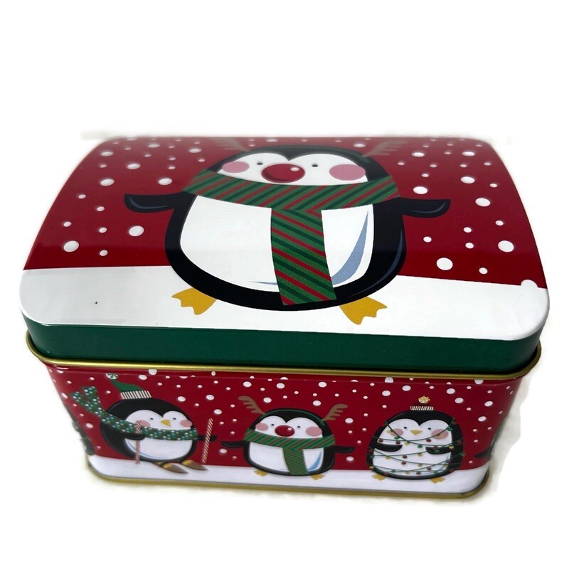 Christmas Tin Elf Penguins Holiday Gift Scarf Red White Hinge Closure top Multic