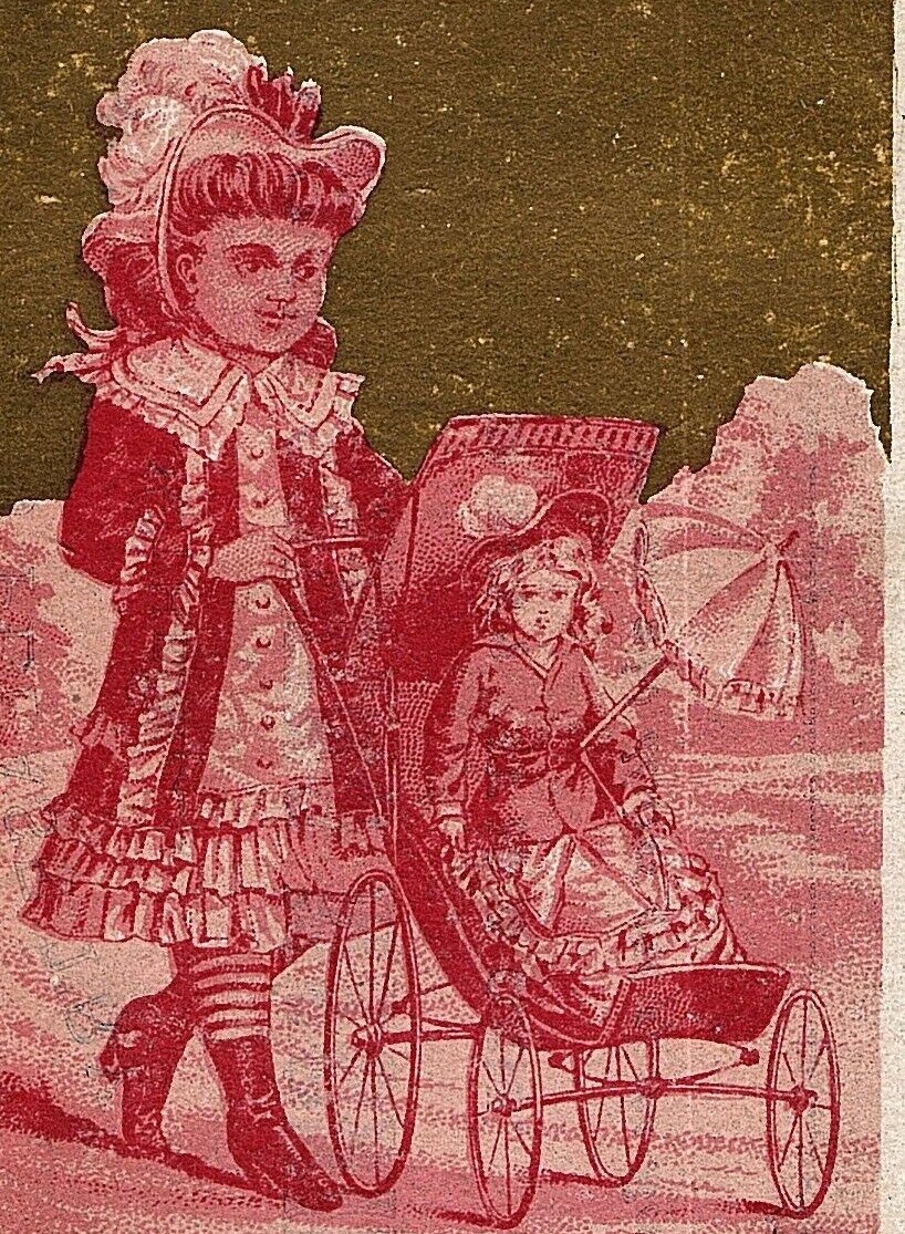 1880s American Sewing Machine Lovely Girl Walking With Child In Baby Carriage