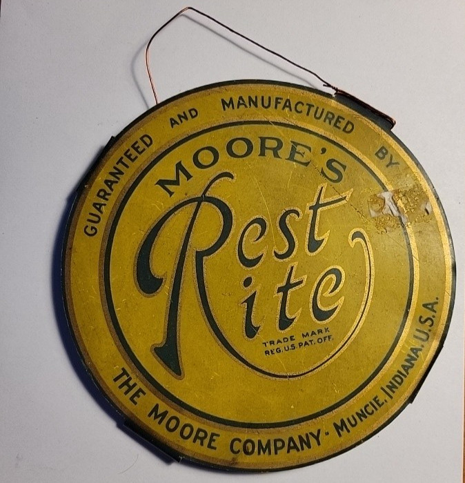 RARE Moore’s Rest Rite Metal Bed Tag Vintage MUNCIE INDIANA 1920’s ??